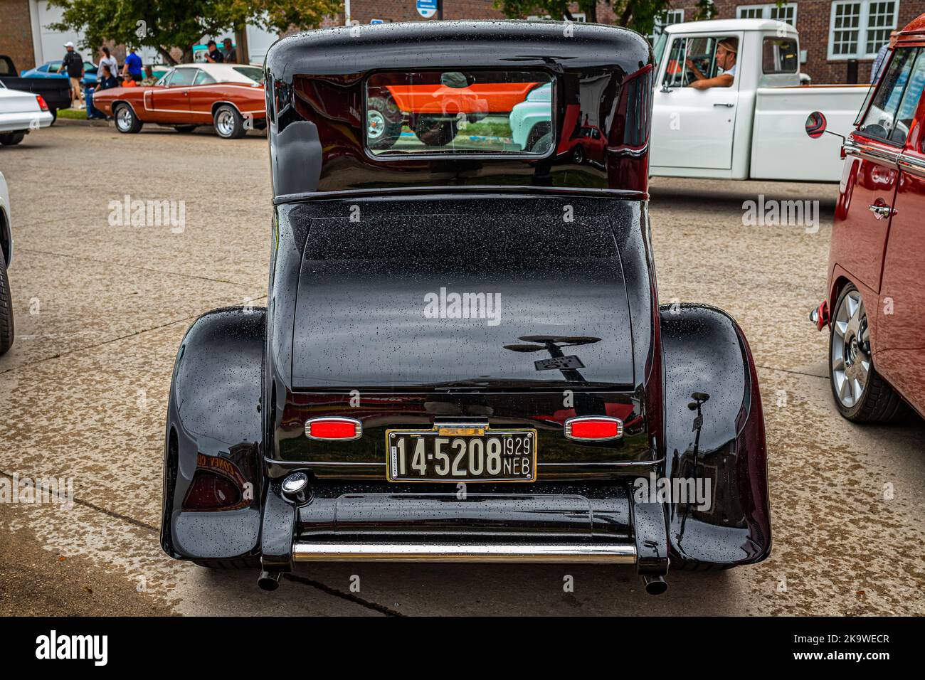 Des Moines, IA - July 01, 2022: High perspective rear view of a 1930 Ford Model A Hardtop Coupe at a local car show. Stock Photo