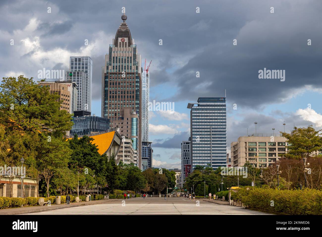 The front of Sun Yat-Sen Memorial Hall and the tall buildings at Xinyi Business District in Taipei, Taiwan. Stock Photo