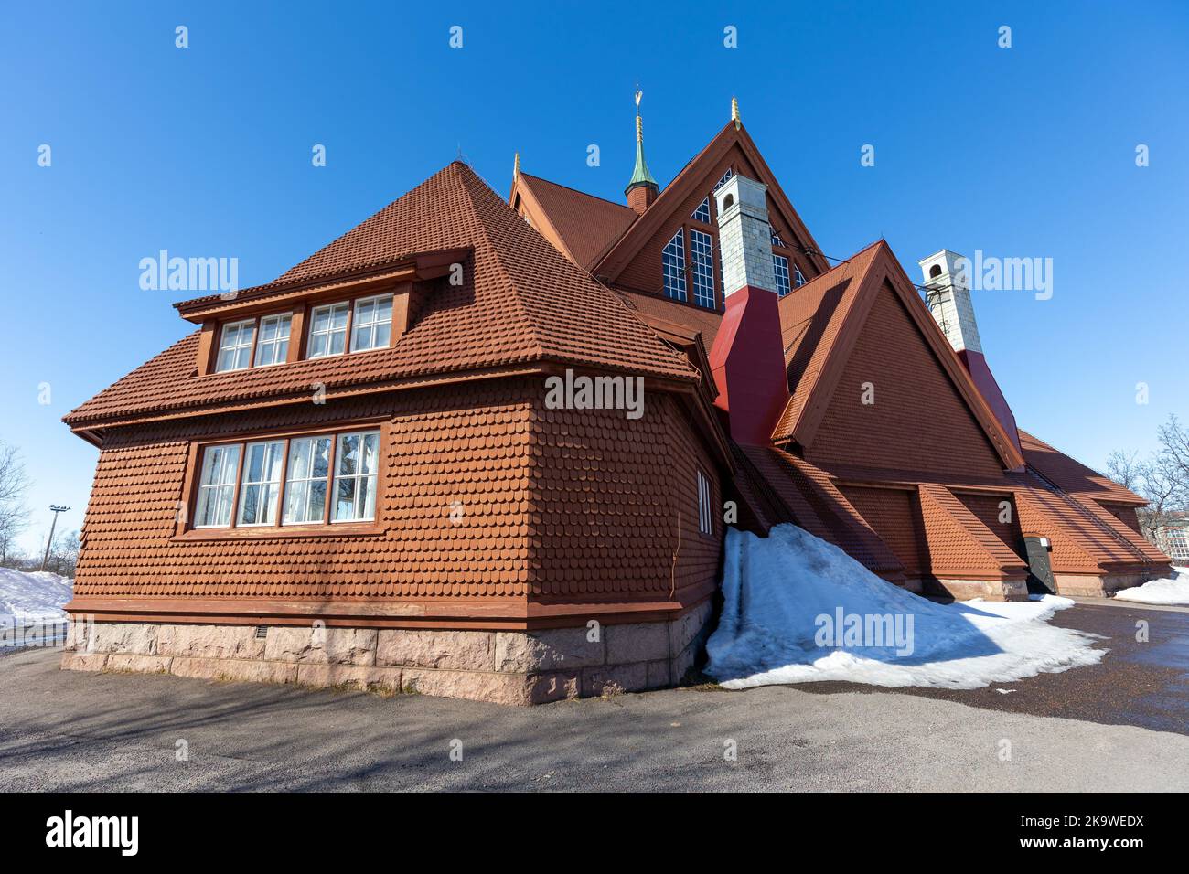 The wooden church of Kiruna in Jukkasjärvi parish in the diocese of Luleå in northern Sweden, built 1909-1912, one of Sweden's largest wood buildings. Stock Photo