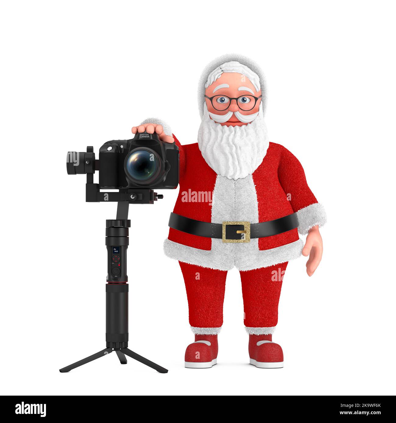 Cartoon Cheerful Santa Claus Granpa with DSLR or Video Camera Gimbal Stabilization Tripod System on a white background. 3d Rendering Stock Photo