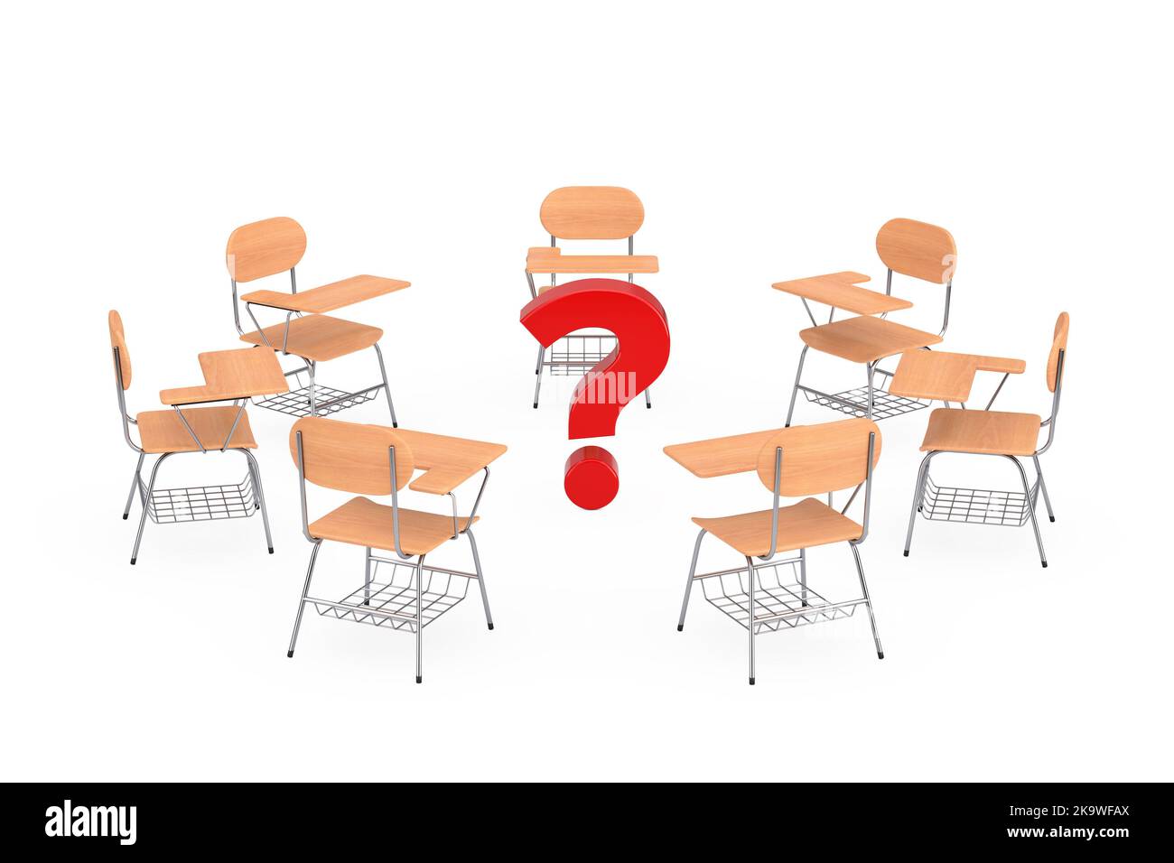 Wooden Lecture School or College Desk Table with Chairs Around Red