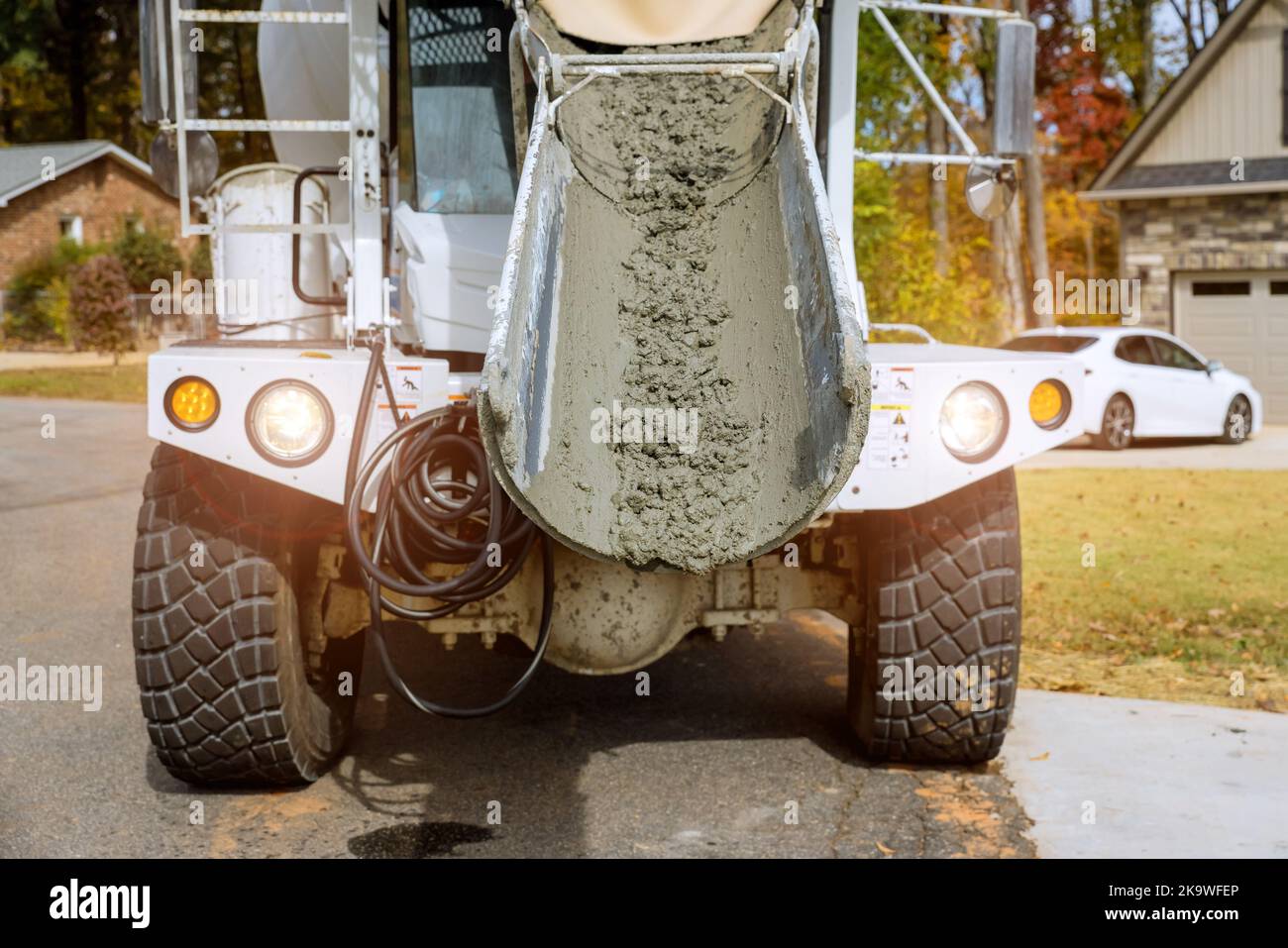Concrete mixer truck delivery of fresh concrete the preparing pouring concrete for foundation in