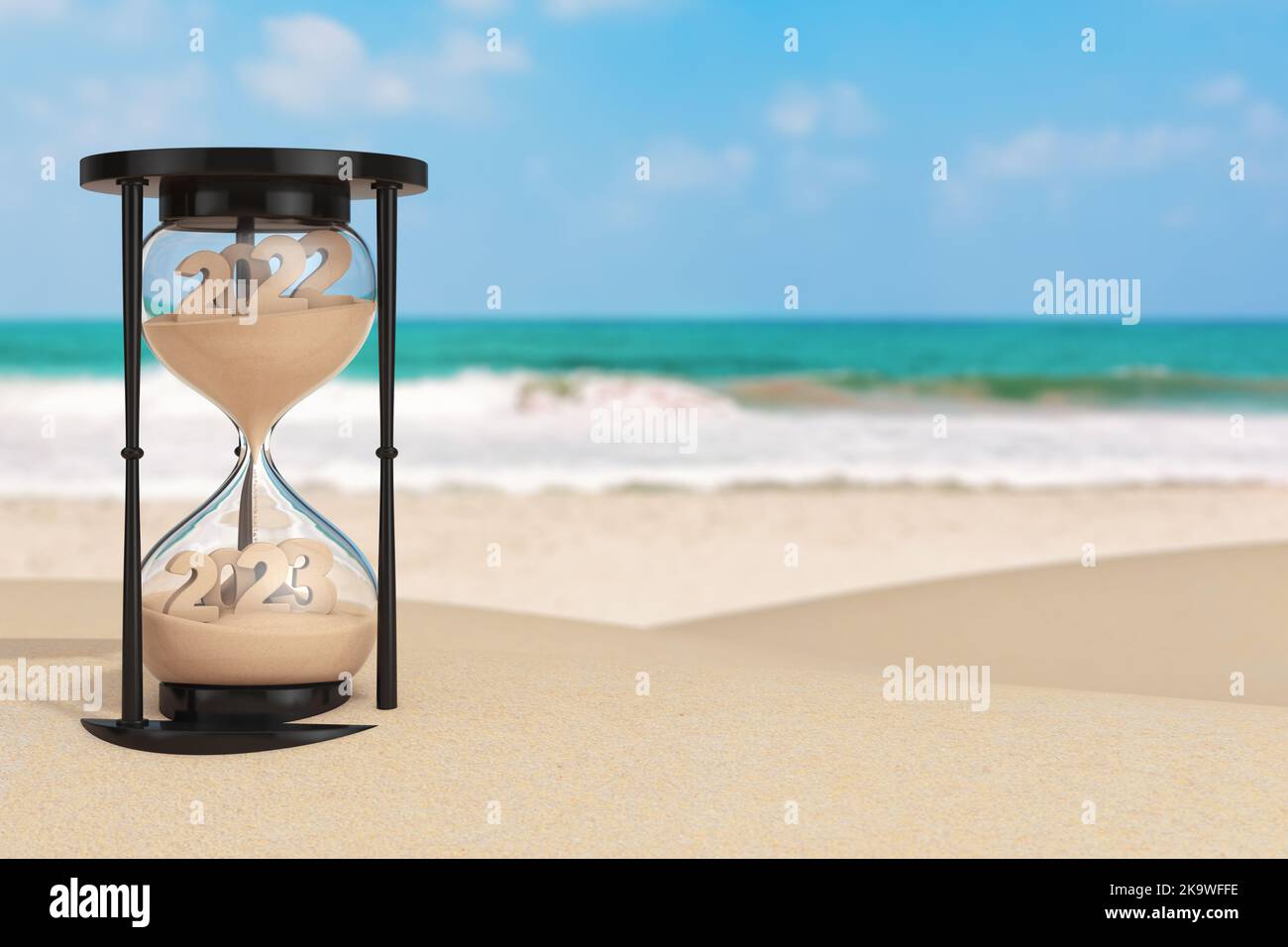 2023 New Year Vacation Concept.  Sand Falling in Hourglass Taking the Shape from 2022 to 2023 year on an Ocean Deserted Coast extreme closeup. 3d Rend Stock Photo