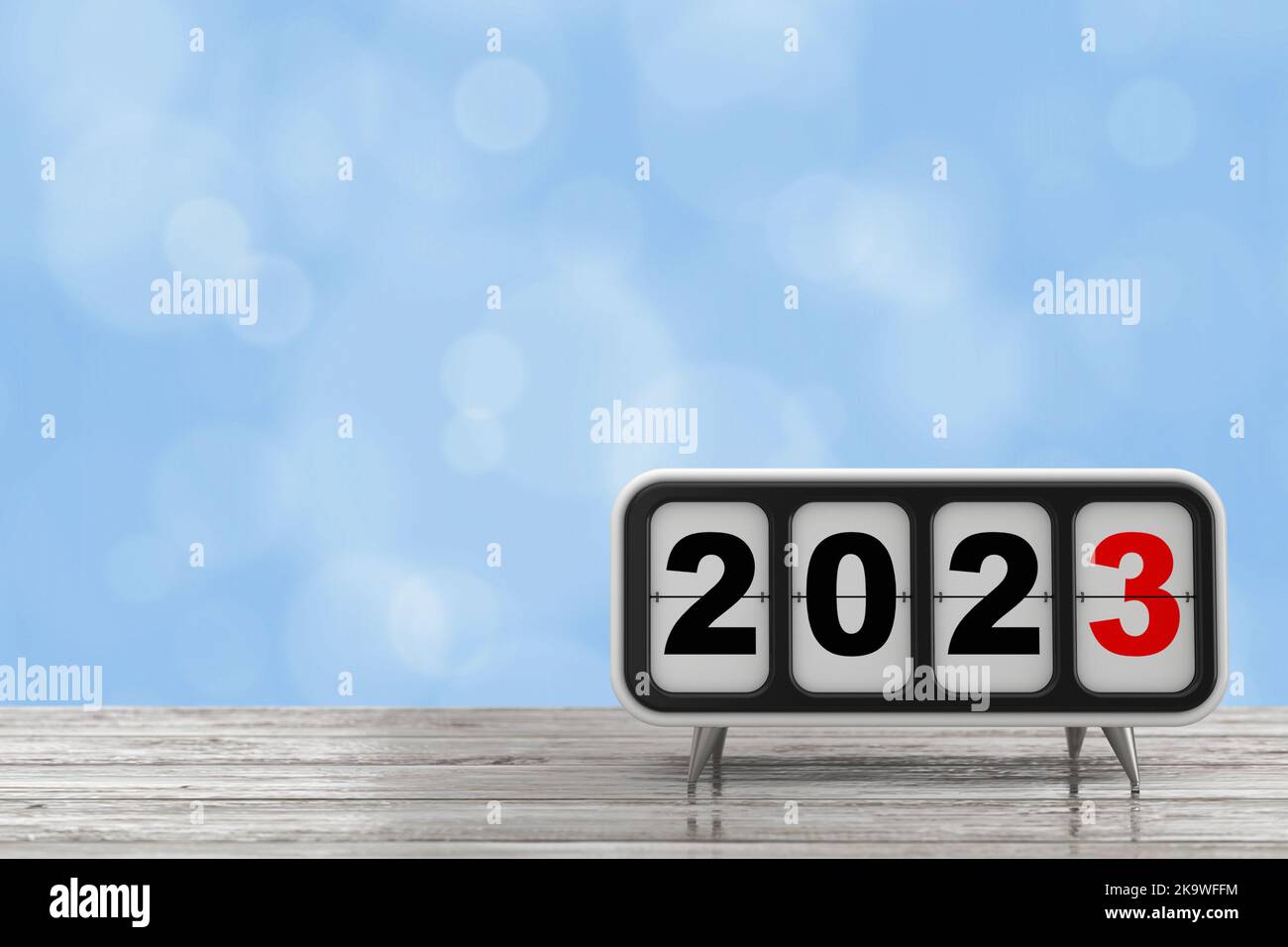 Retro Flip Clock with 2023 New year Sign on a wooden table. 3d