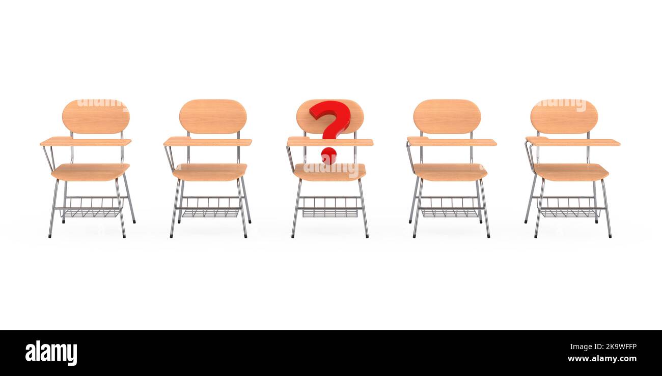 Row of Wooden Lecture School or College Desk Table with Chair and one