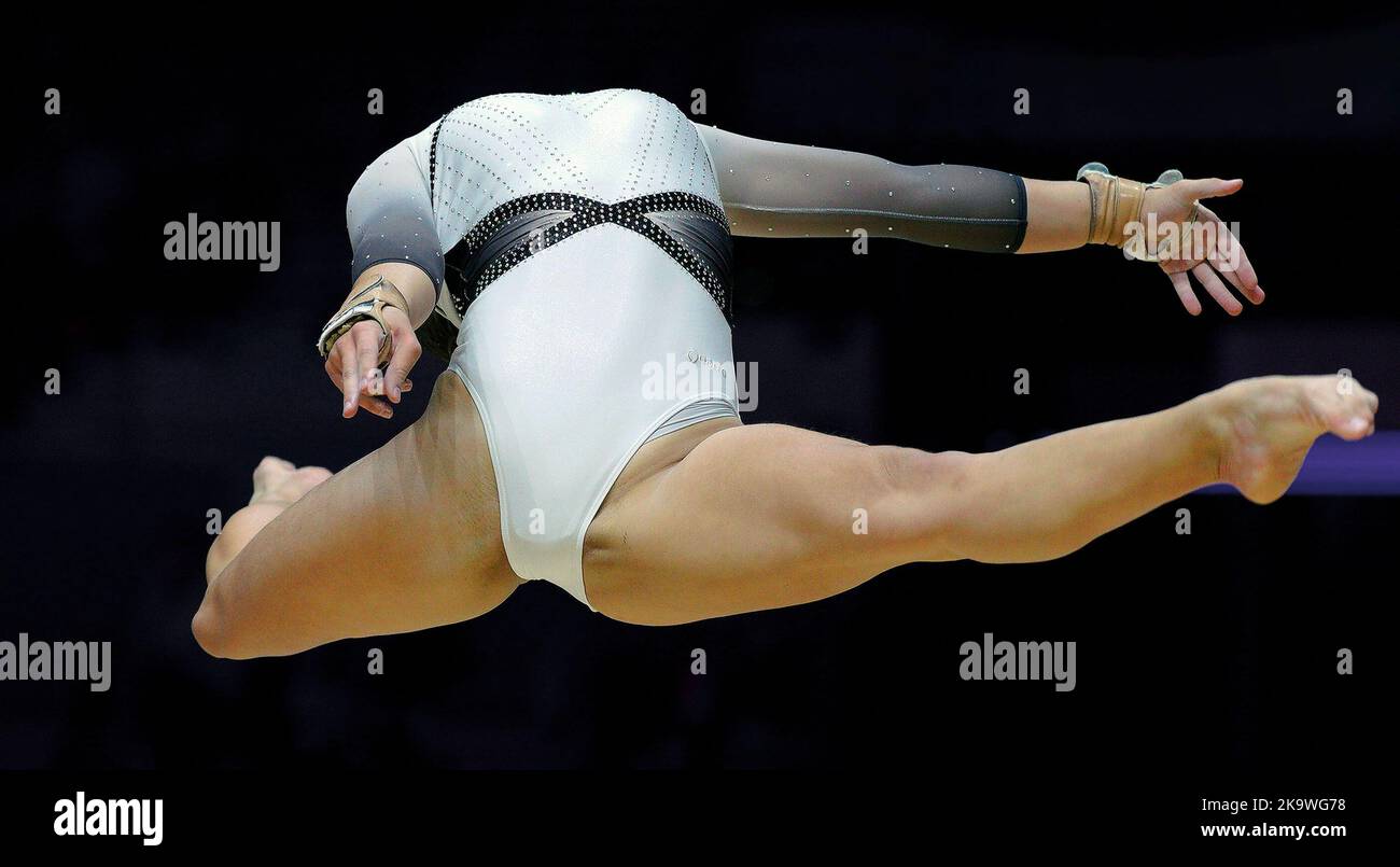 Slovenia's Lucija Hribar competes on the floor during day two of the