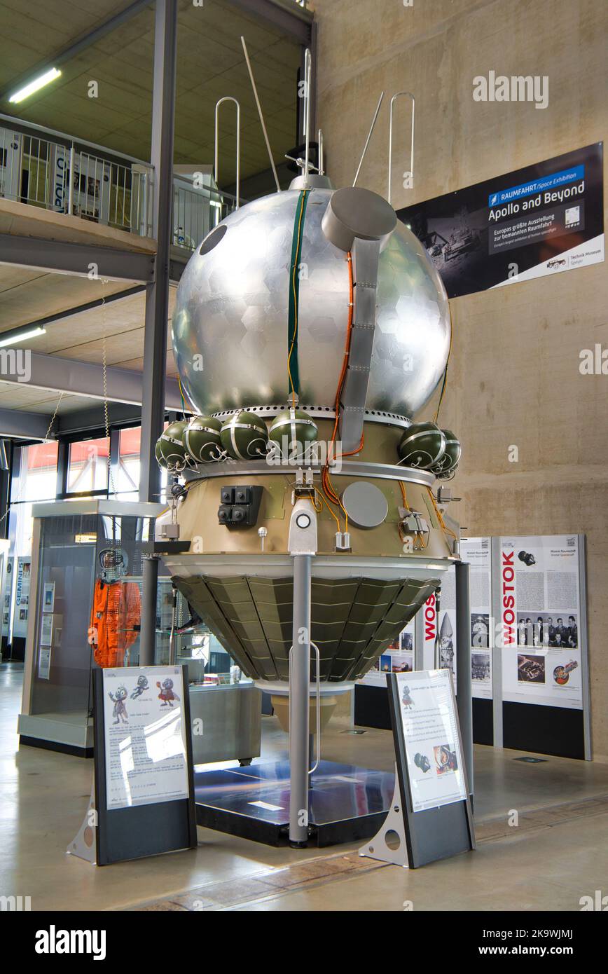 SPEYER, GERMANY - OCTOBER 2022: Vostok 1 the first human orbital spaceflight in history with Soviet cosmonaut Yuri Gagarin 1961 in the Technikmuseum S Stock Photo