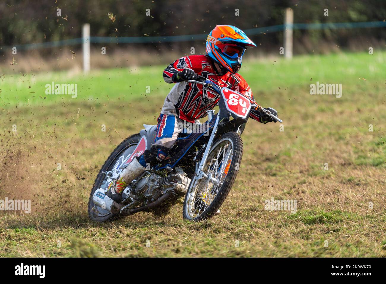 Max Paul Bloomfield racing in a grasstrack motorcycle race. Donut
