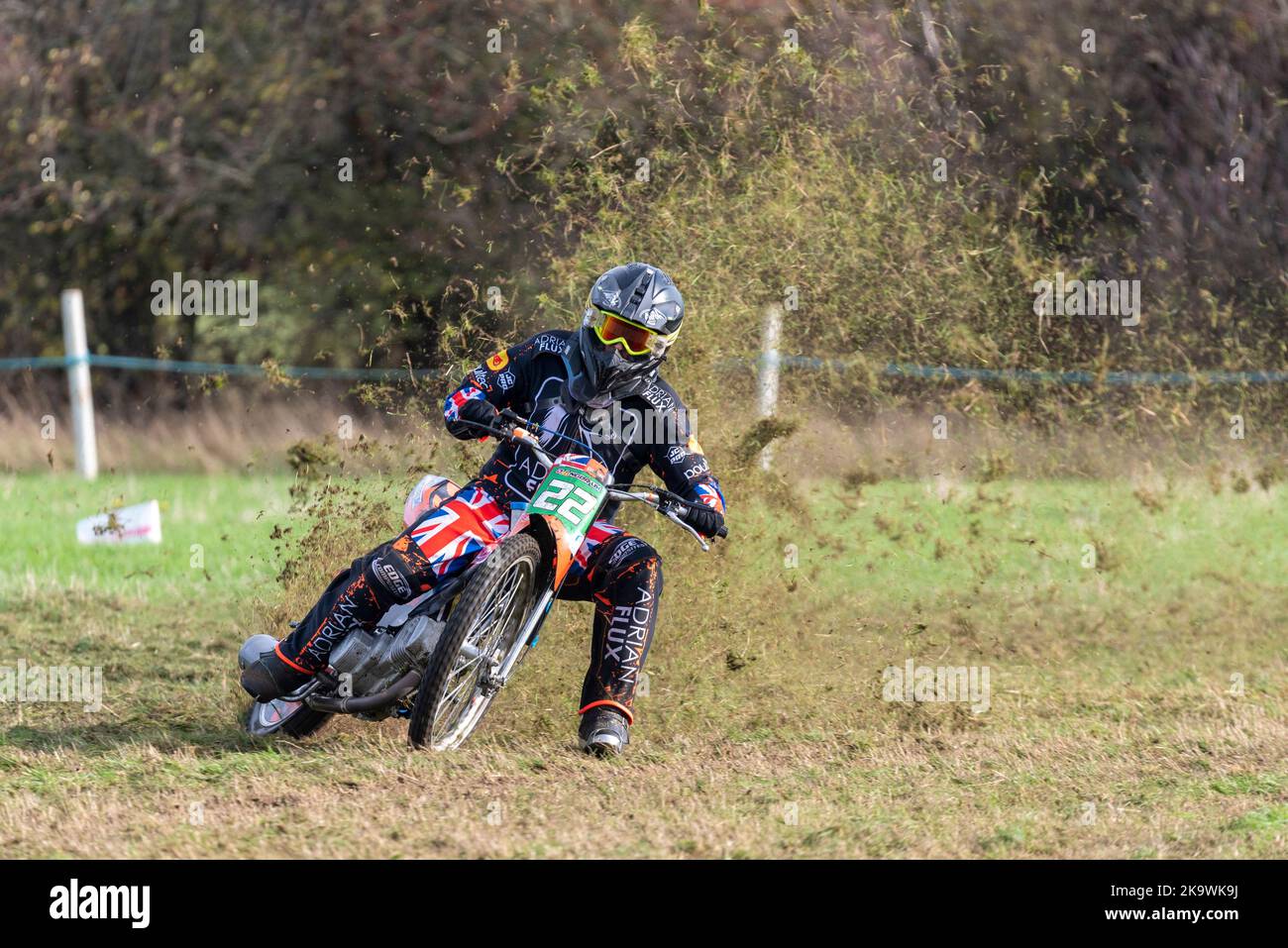 Kenzie Cossey racing in grasstrack motorcycle race. Donut Meeting event ...