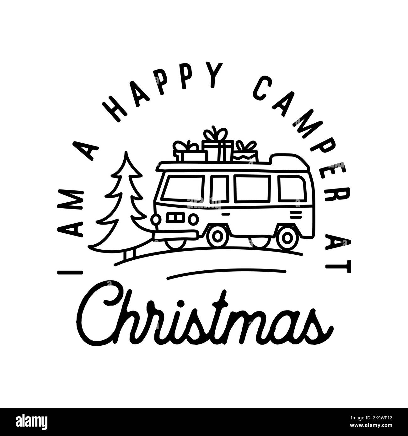 Mountain Camping christmas badge design with in line art style and