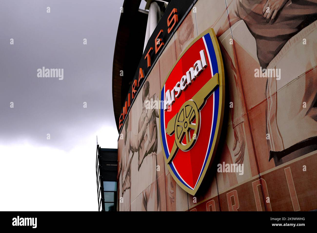 A general view of the Arsenal club crest on the stadium ahead of the Premier League match at the Emirates Stadium, London. Picture date: Sunday October 30, 2022. Stock Photo