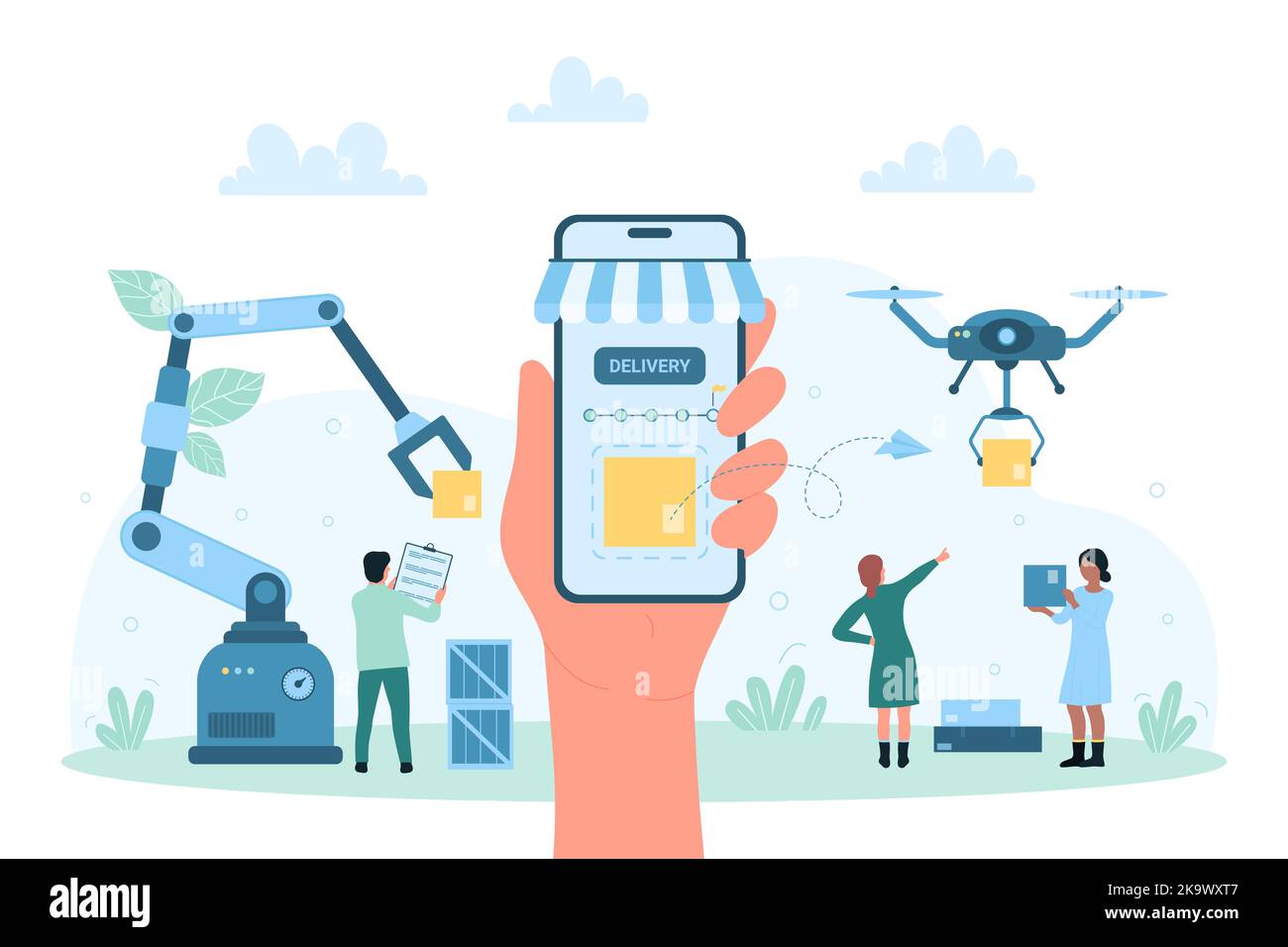 Smart delivery service vector illustration. Cartoon hand with phone