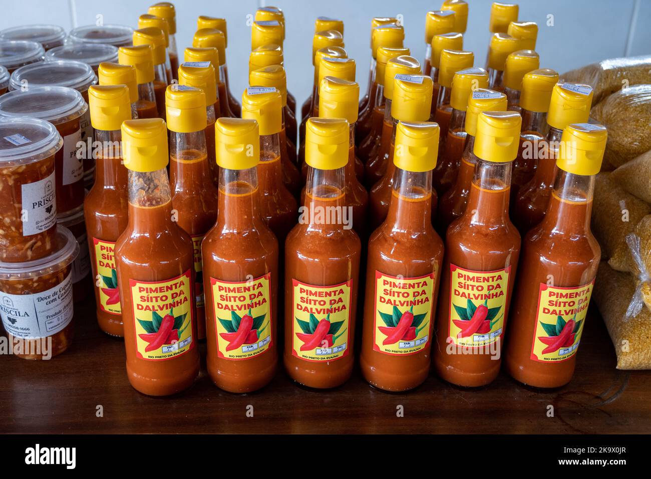 Bottles of hot sauce for sell on a store counter. Manaus, Amazonas, Brazil Stock Photo Alamy