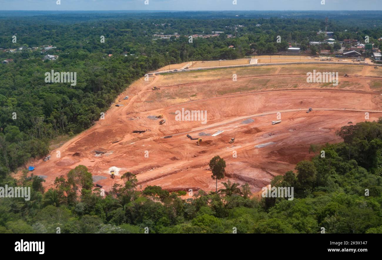 A hugh swath of tropical forest is cleared for a large scale construction or mining project near Manaus, Amazonas State, Brazil. Stock Photo