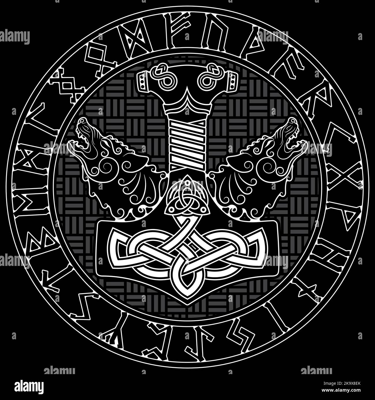 Thor s hammer Mjollnir, Scandinavian runes ornament and two wolfs