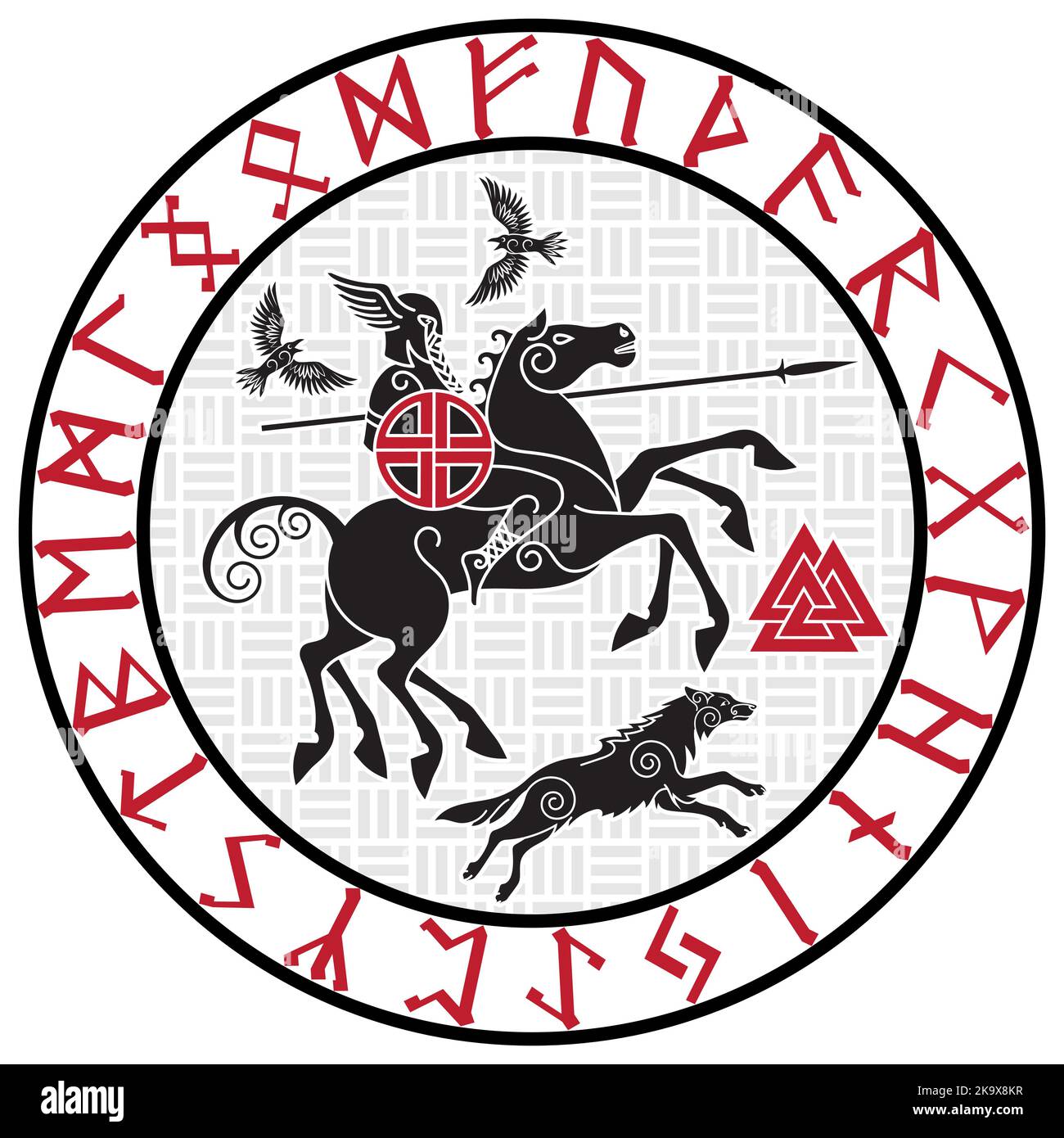 God Wotan, riding on a horse Sleipnir with a spear and two ravens in a