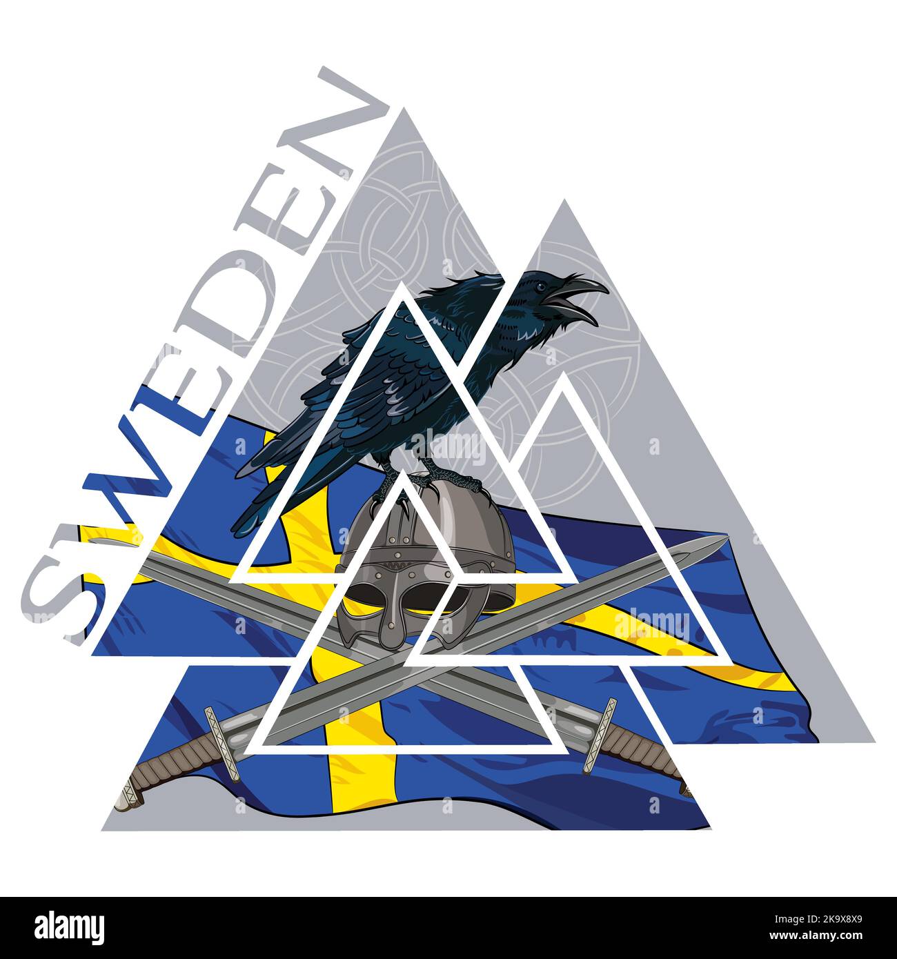 Valknut ancient pagan Nordic Germanic symbol, Sweden flag, Raven and Viking weapons Stock Vector