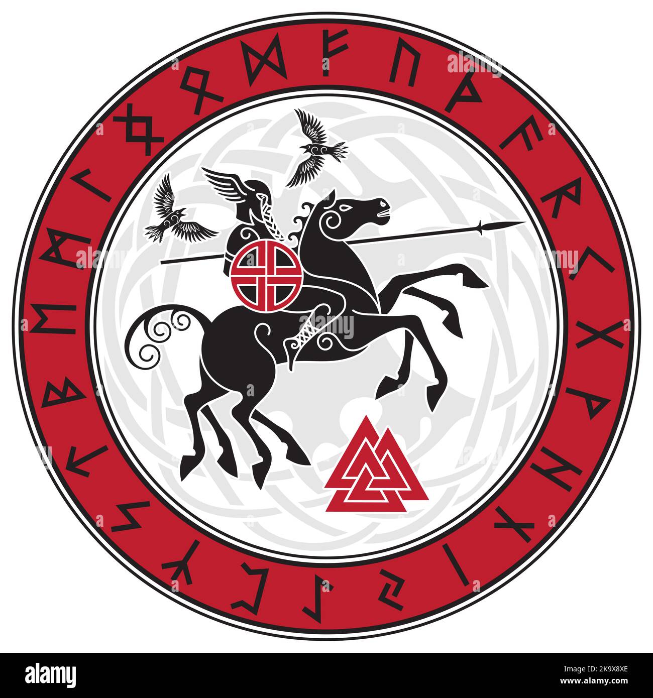 God Wotan, riding on a horse Sleipnir with a spear and two ravens in a