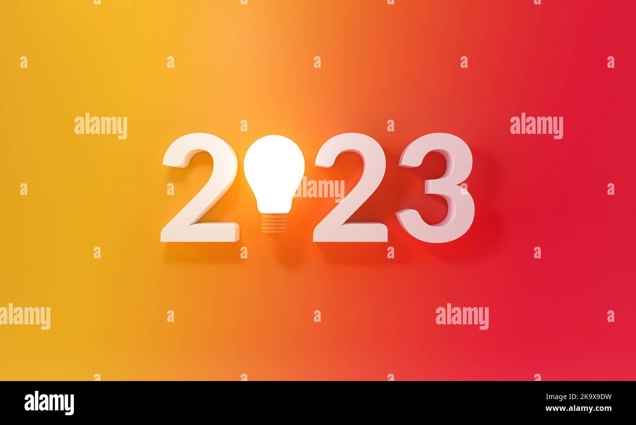 New Year 2023 with a light bulb on gradient yellow orange background. creativity inspiration ,planning ideas concept. 3D illustration. Stock Photo