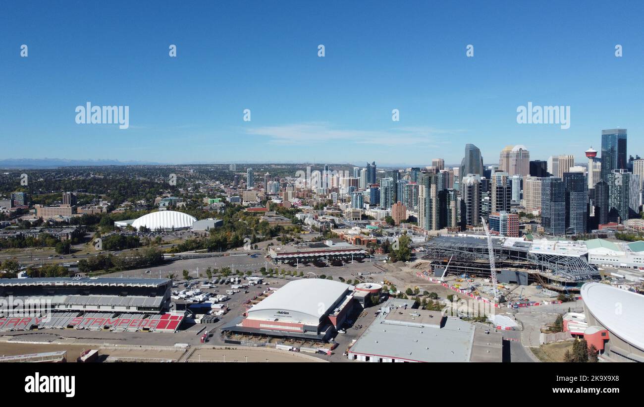 Aerial view of Calgary skyline, taken from Skyline View, facing West, during the Fall, with Calgary Tower to the right. Stock Photo