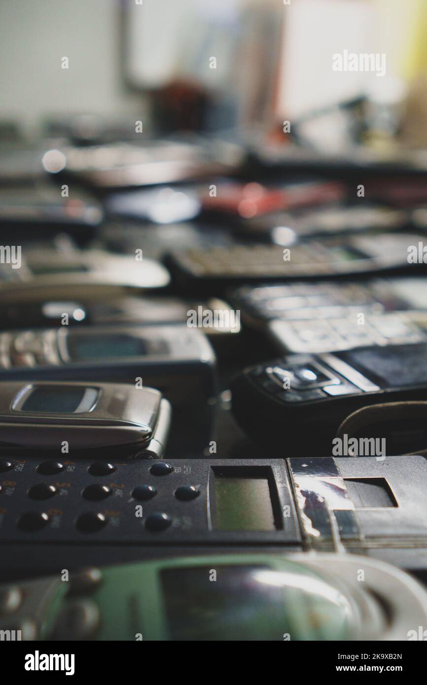 Collection of old retro mobile telephones. Stock Photo