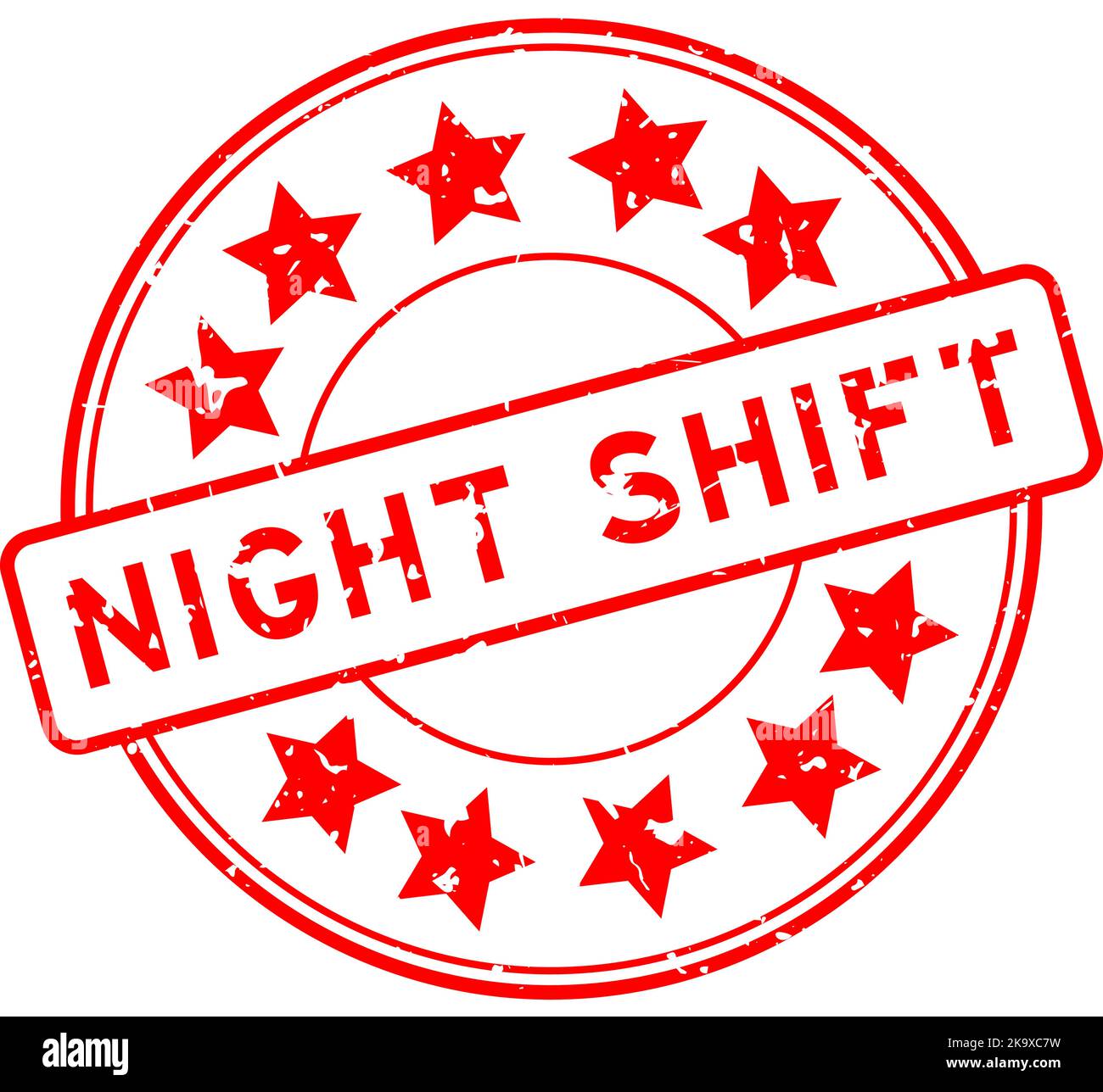 Grunge red night shift word with star icon round rubber seal stamp on