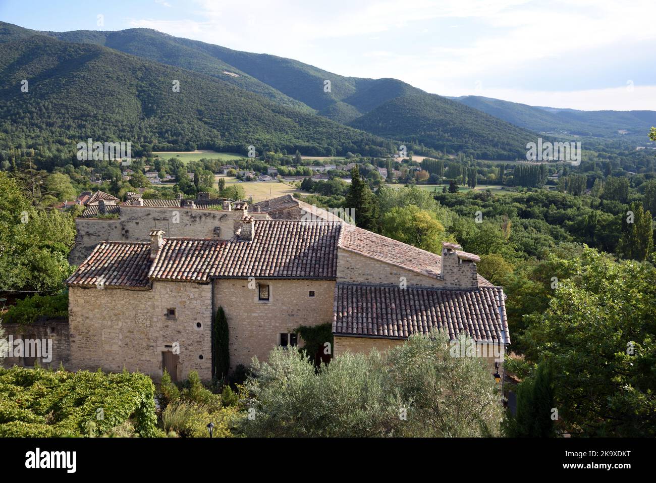 Panorama or Panoramic Landscape View over the historic village of Le Poët-Laval with surrounding hills and countryside Drôme Provence France Stock Photo
