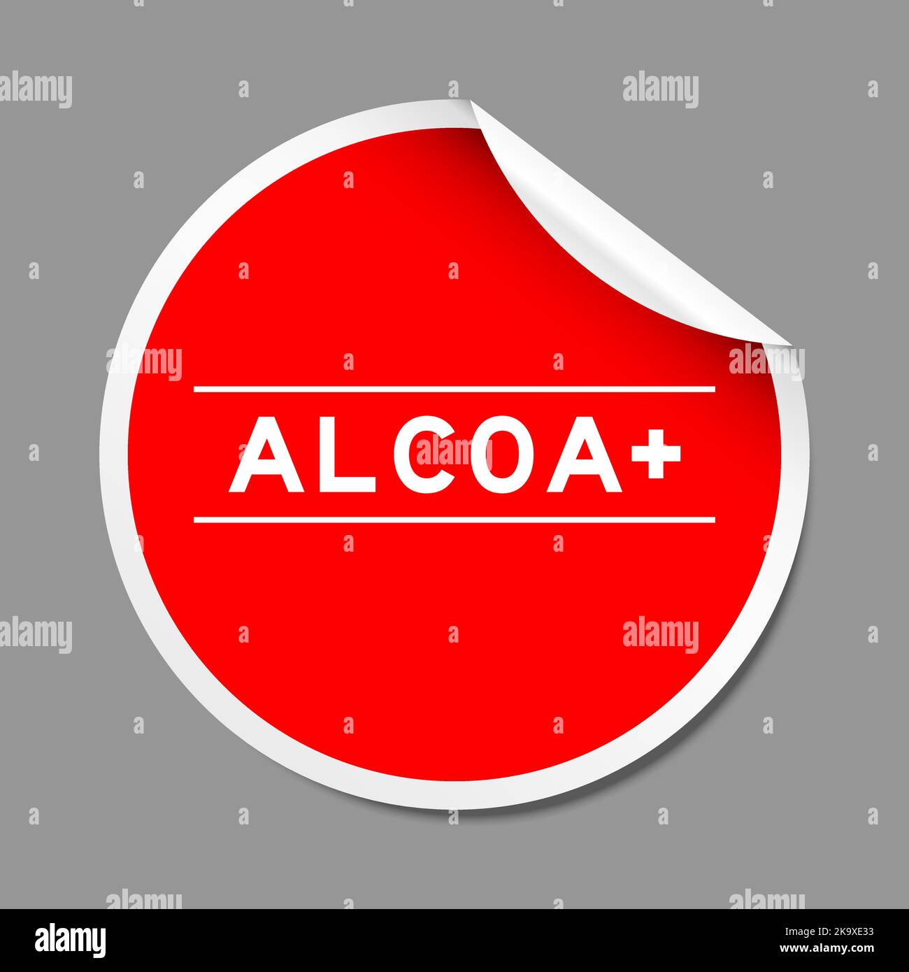 Red color peel sticker label with word ALCOA (Abbreviation of Attributable, Legible, Contemporaneous, Original and Accurate) plus on gray background Stock Vector
