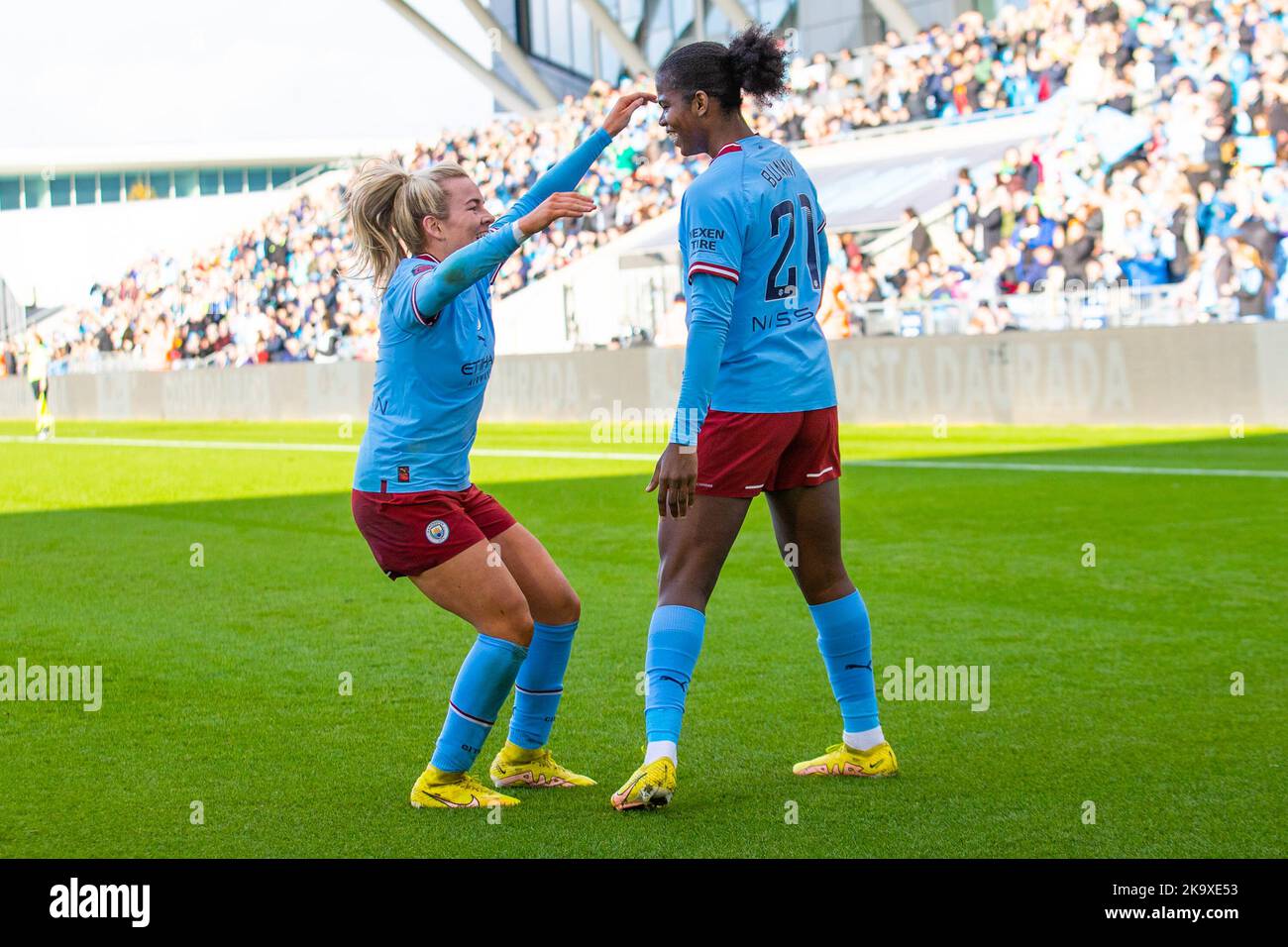 Manchester, UK. 30th October 2022.Khadija Shaw of Manchester City celebrates his goal during the Barclays FA Women's Super League match between Manchester City and Liverpool at the Academy Stadium, Manchester on Sunday 30th October 2022. (Credit: Mike Morese | MI News) Credit: MI News & Sport /Alamy Live News Stock Photo