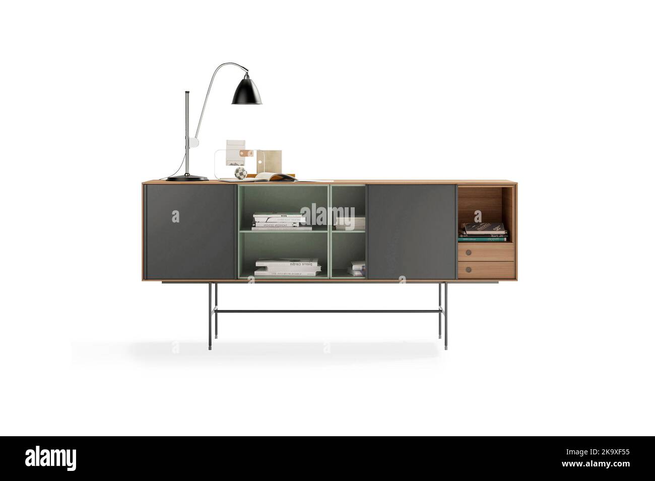 Wooden shelving unit with books and lamp isolated on white Stock Photo