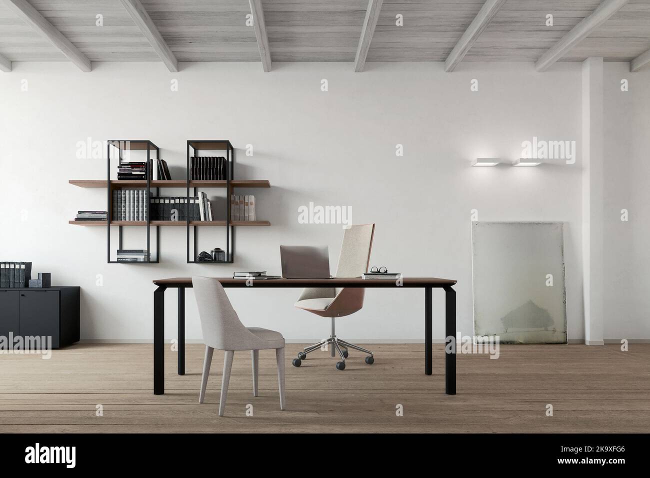 Modern apartment interior with bookshelf and table Stock Photo Alamy