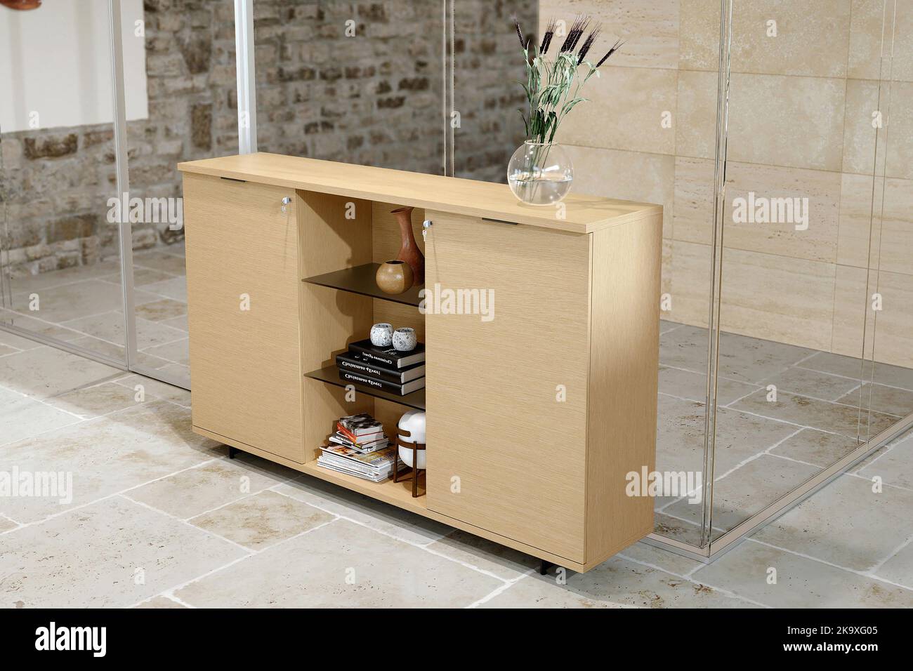 Wooden bookcase in home interior Stock Photo Alamy