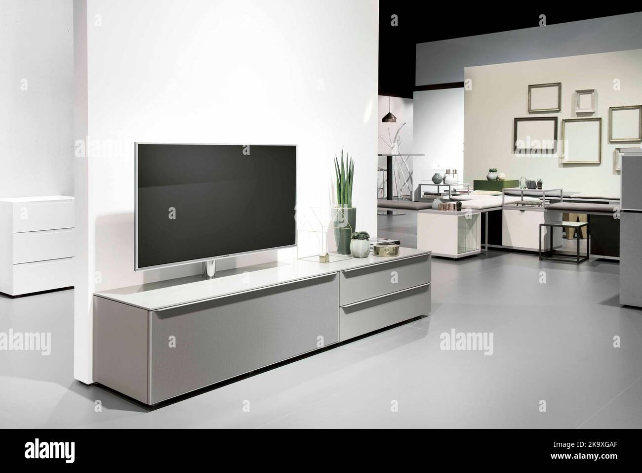 Wooden shelving unit with TV in office interior Stock Photo Alamy