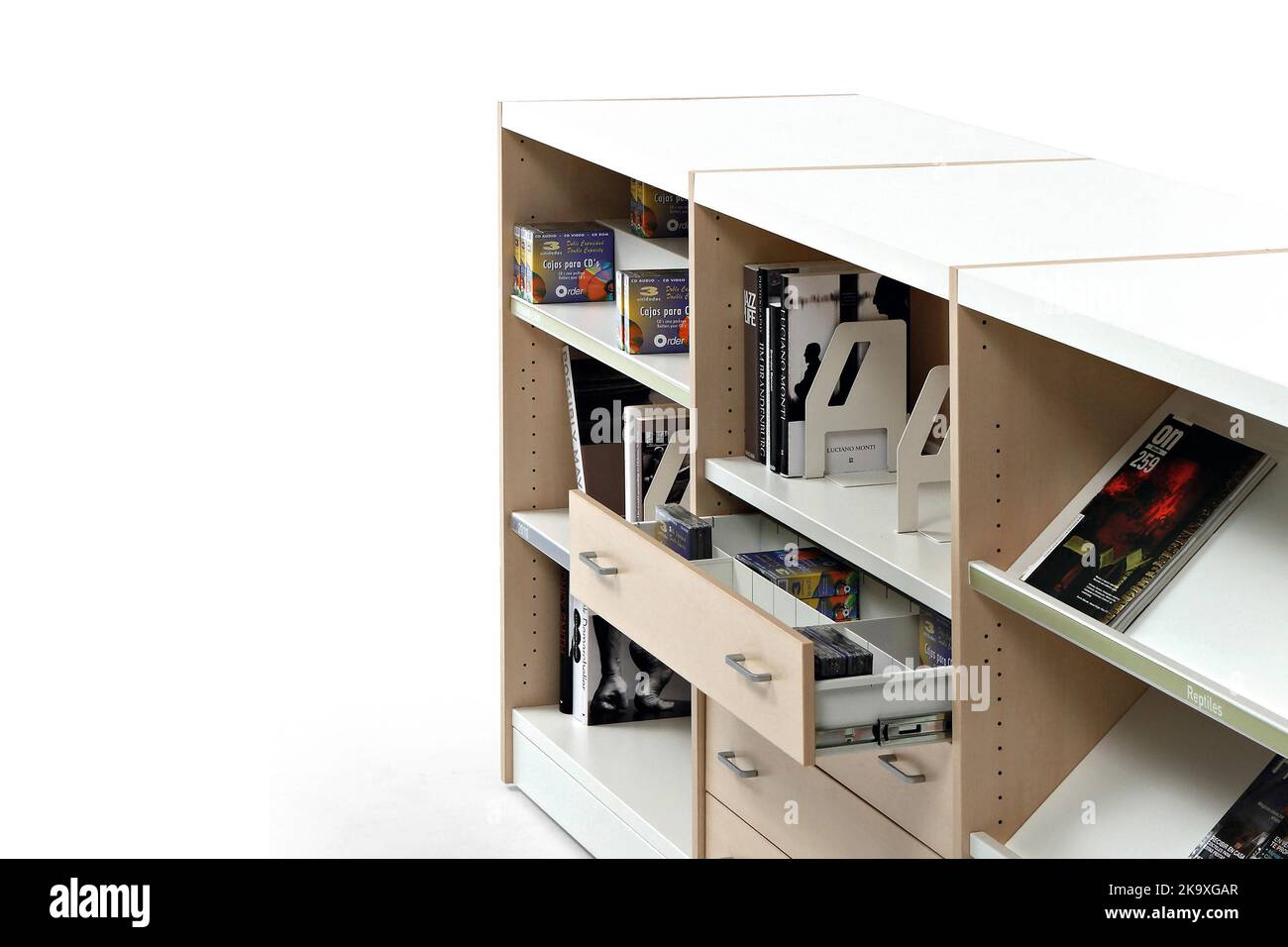 Wooden shelving unit with books isolated on white Stock Photo Alamy