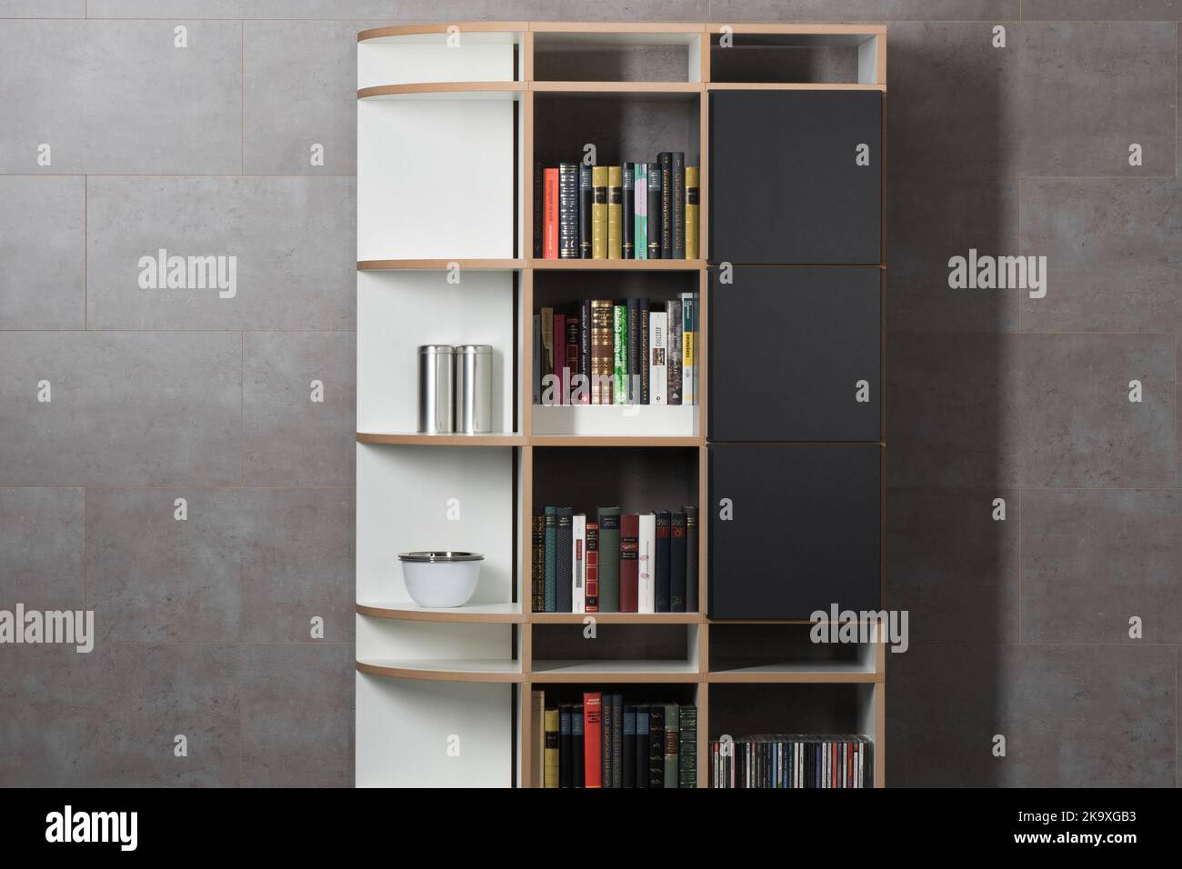 Big wooden bookcase in apartment interior Stock Photo Alamy