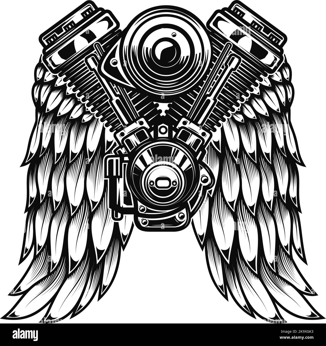 Illustration of twin engine with wings in engraving style. Design