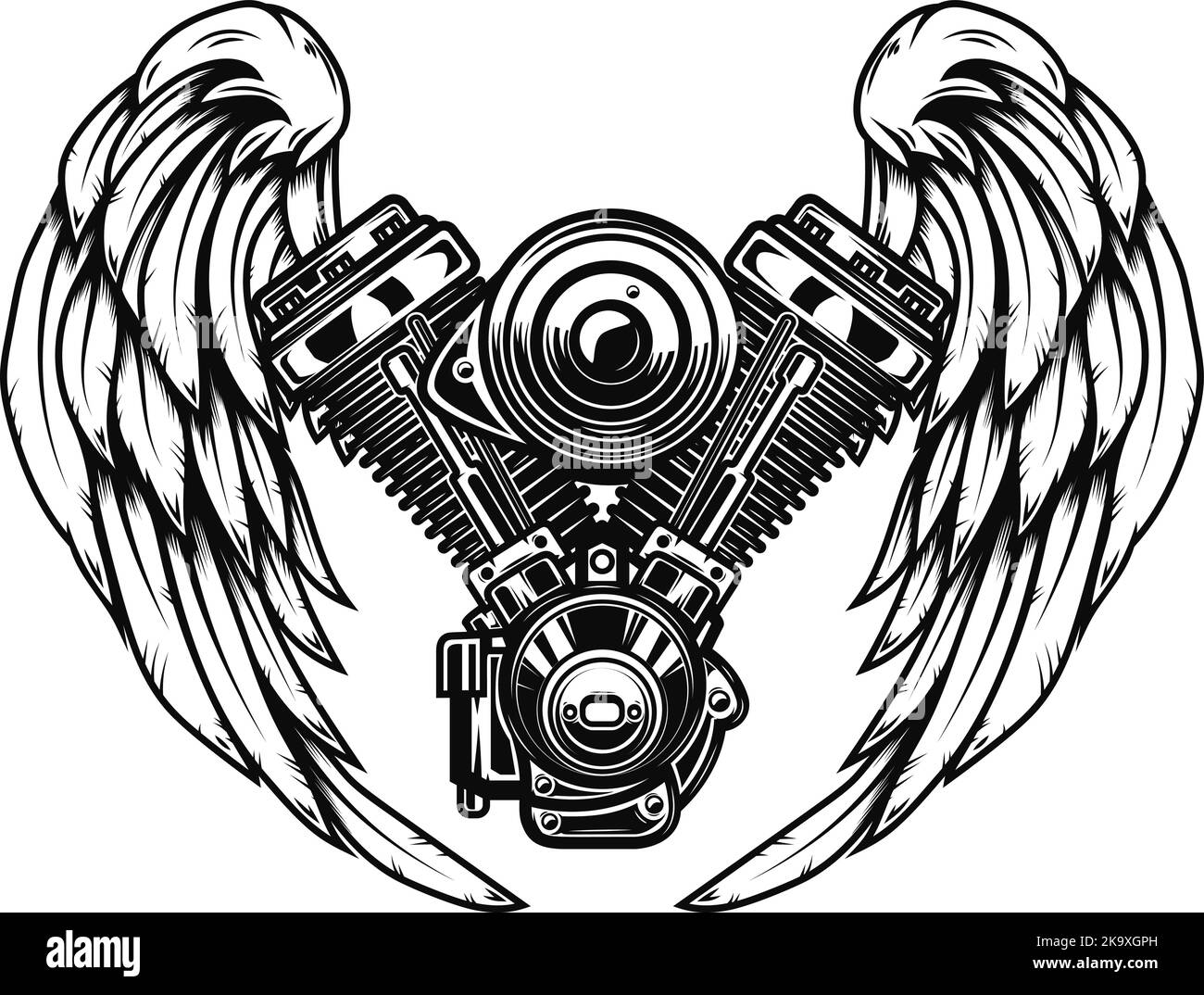 Illustration of twin engine with wings in engraving style. Design
