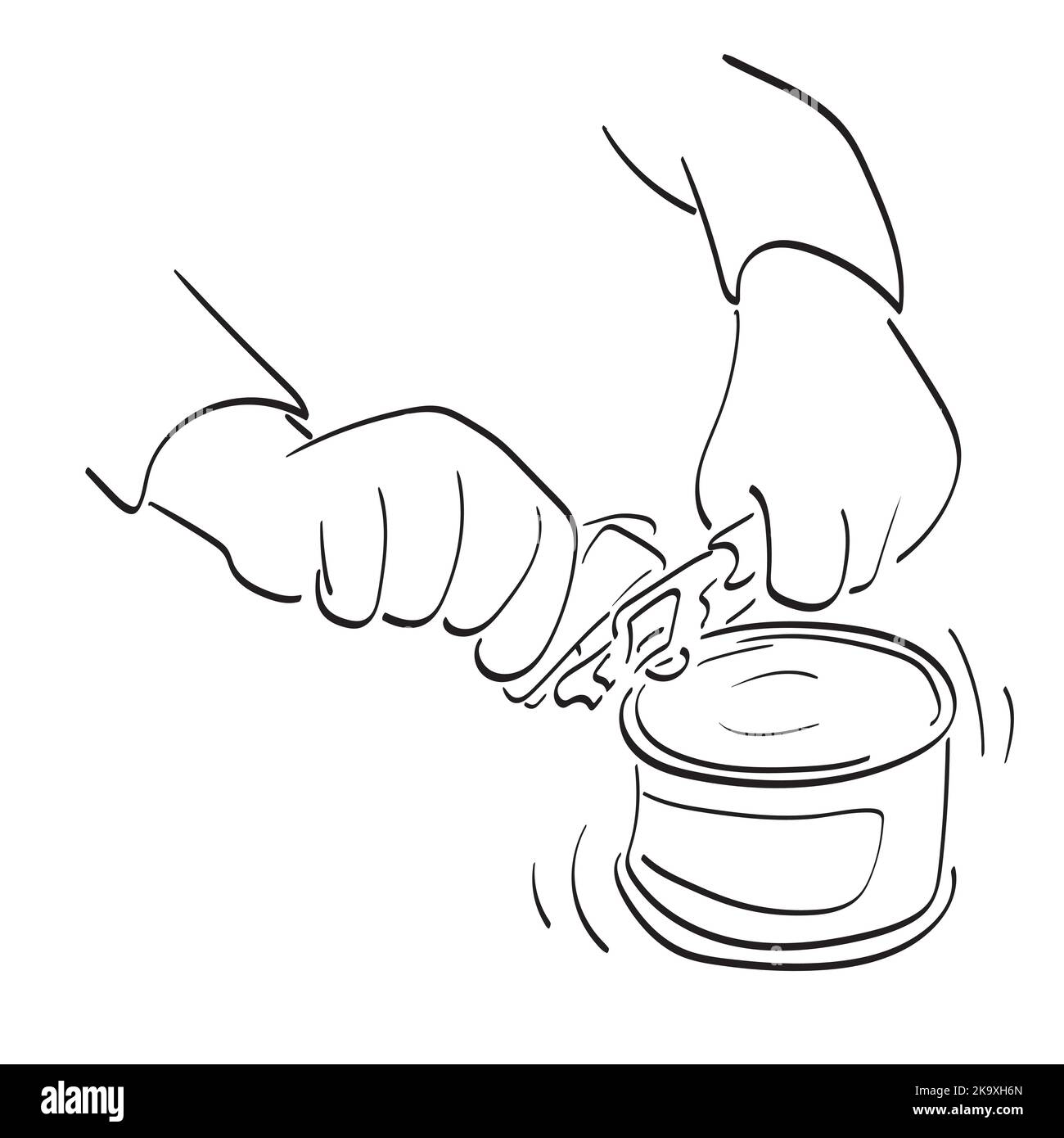 line art closeup hands using a can opener illustration vector hand
