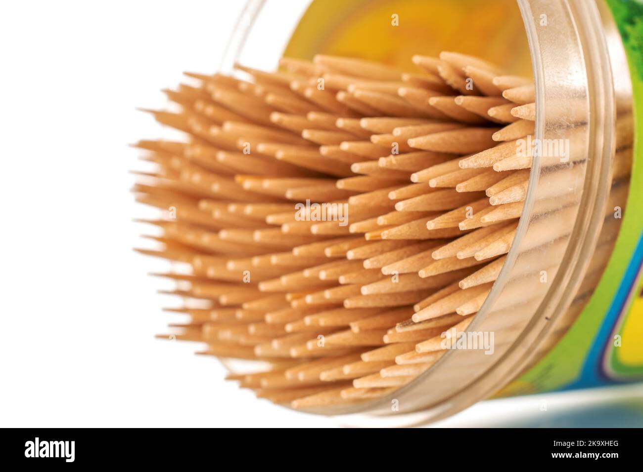 Wooden toothpicks in plastic packaging, macro, isolated on white ...