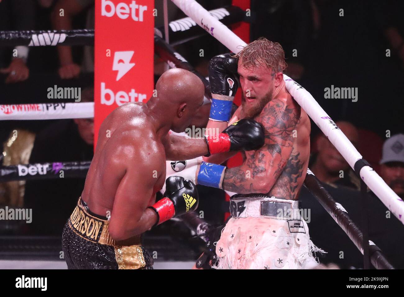 GLENDALE, AZ - OCTOBER 29: Jake Paul and Anderson Silva meet in the boxing ring for their Cruiserweight bout at Showtime’s Paul vs Silva PPV Event at the Desert Diamond Arena on October 29, 2022 in Glendale, Arizona, United States.(Photo by Alejandro Salazar/PxImages) Stock Photo
