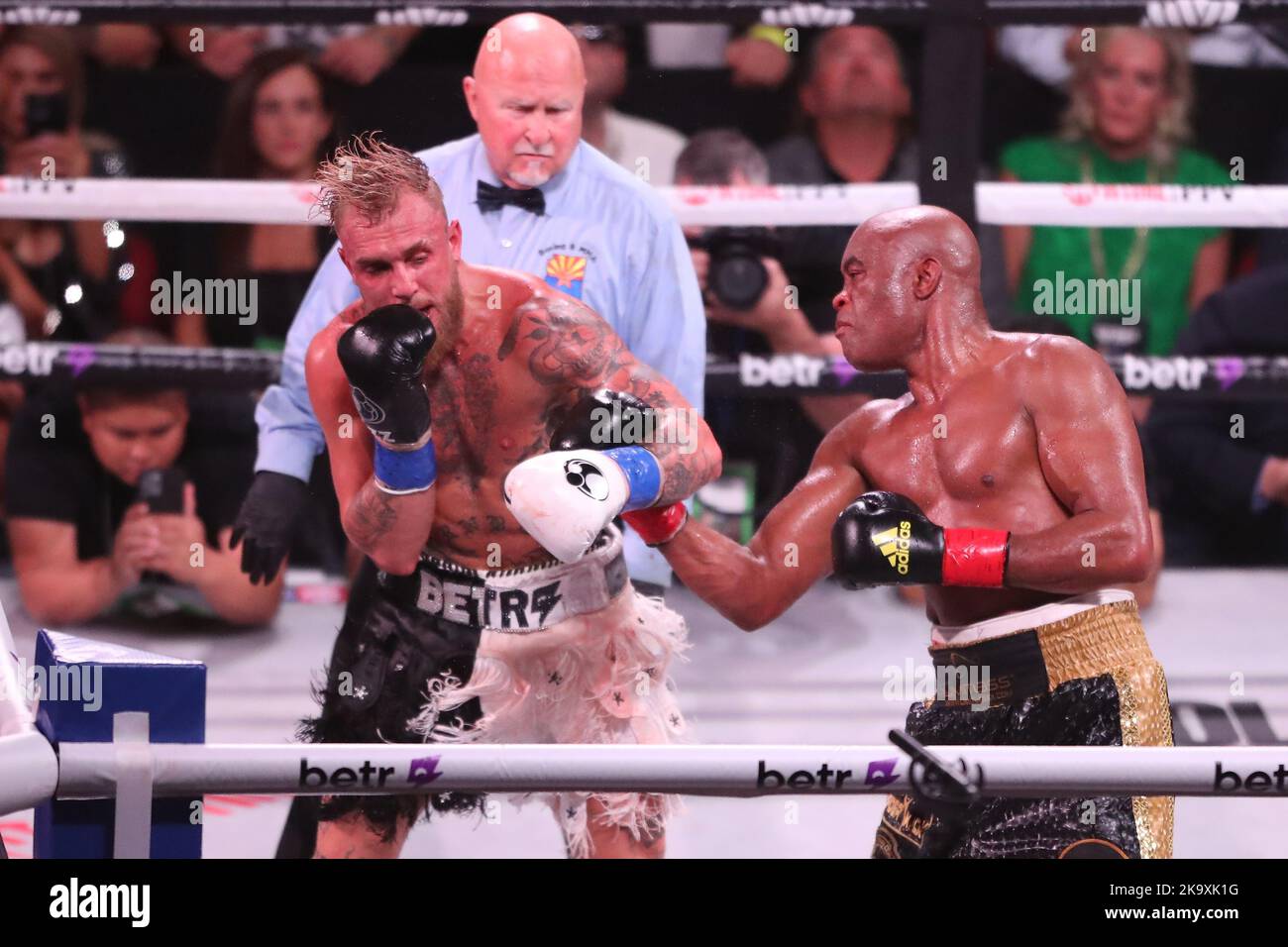 GLENDALE, AZ - OCTOBER 29: Jake Paul and Anderson Silva meet in the boxing ring for their Cruiserweight bout at Showtime’s Paul vs Silva PPV Event at the Desert Diamond Arena on October 29, 2022 in Glendale, Arizona, United States.(Photo by Alejandro Salazar/PxImages) Stock Photo