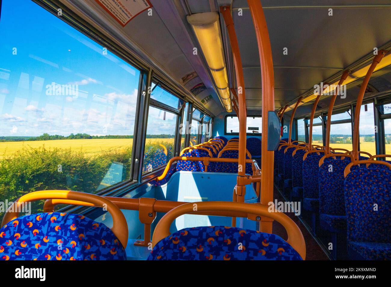 View of doubledecker bus empty seats traveling on A299 road from