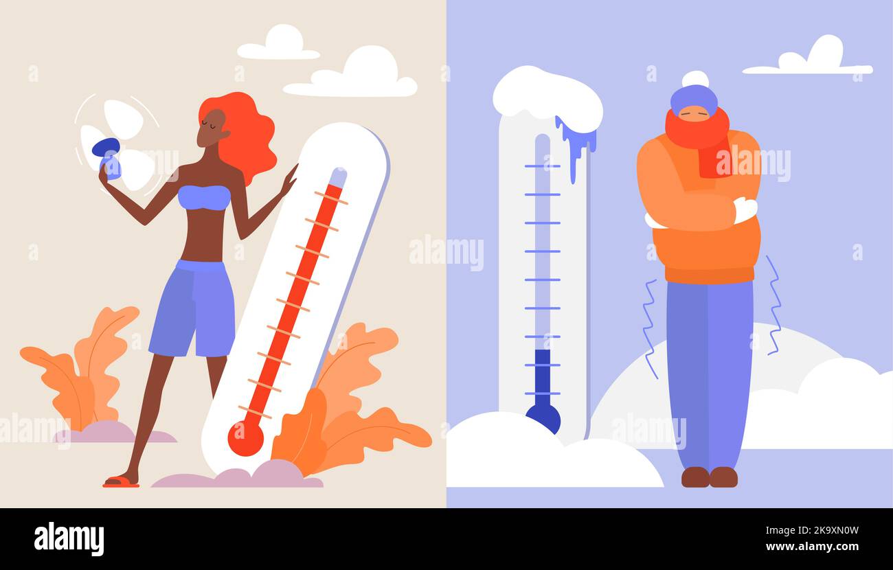 Cold vs hot extreme weather vector illustration. Cartoon girl in summer clothing holding fan and high temperature thermometer, person in warm clothes freezing and shivering in winter snow background Stock Vector