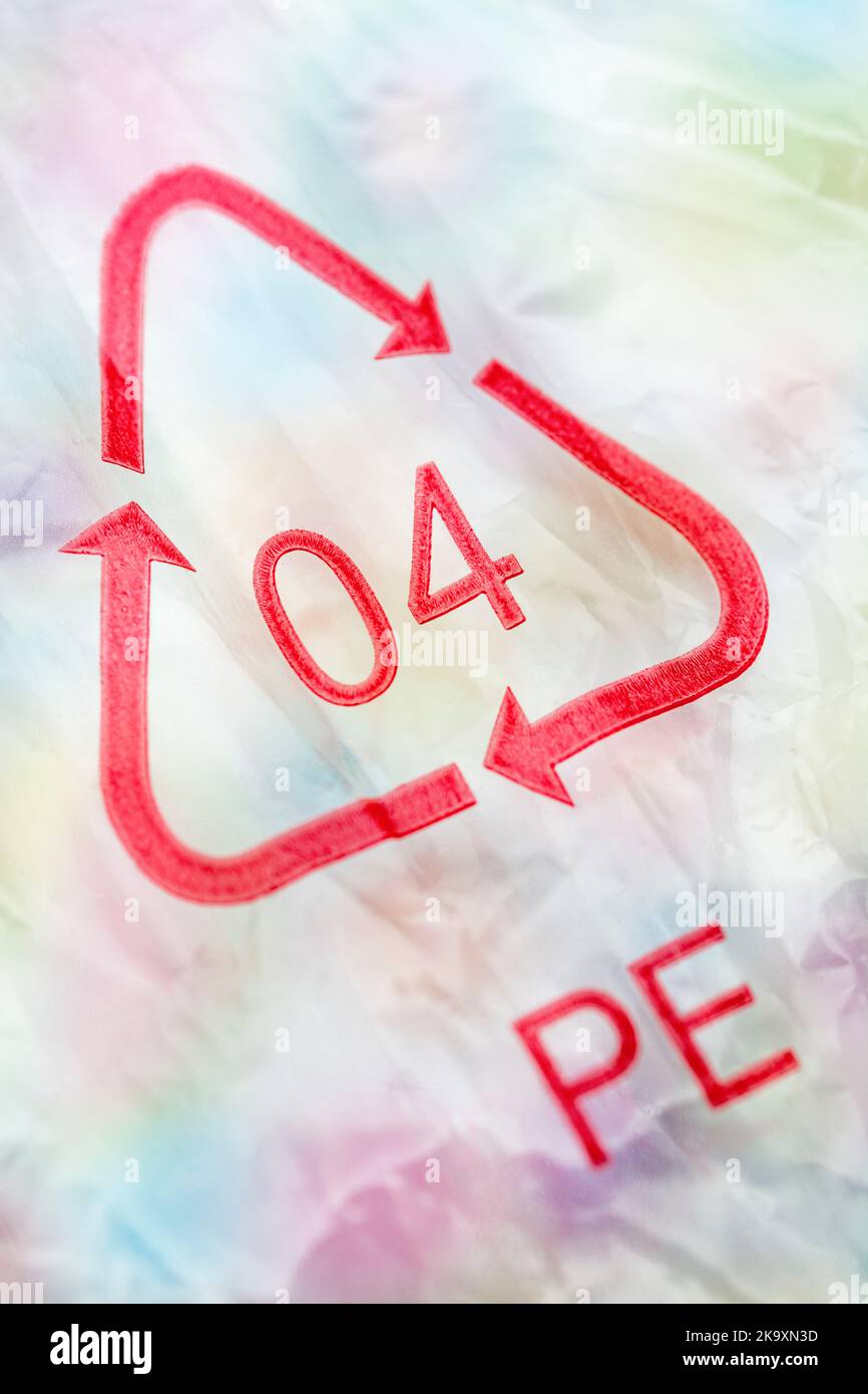 Close-up shot of 04 plastic resin code / Resin Identification Code for Low-density polyethylene / LDPE on plastic packaging. For plastics recycling. Stock Photo