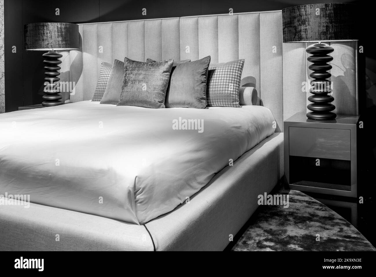 Modern luxury bedroom interior in minimal scandinavian style Stock