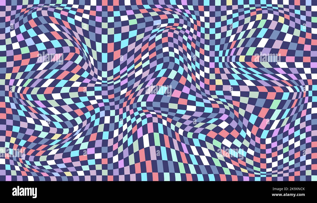 Checkered background with distorted squares. Abstract banner with distortion. Chess pattern. Chessboard surface Stock Vector