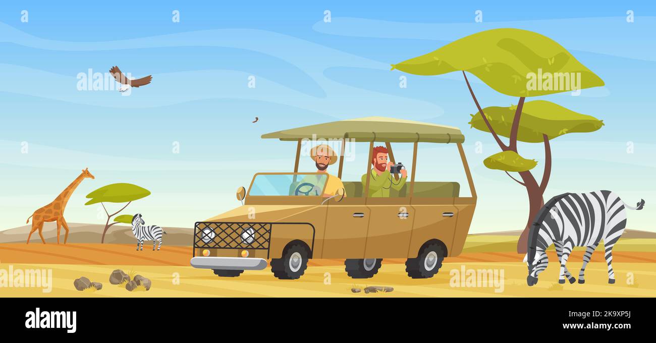 Cartoon group of tourist characters make travel photo of wildlife on smartphone or camera, travelers drive car vehicle. People safari tour, African savanna wild landscape vector illustration. Stock Vector