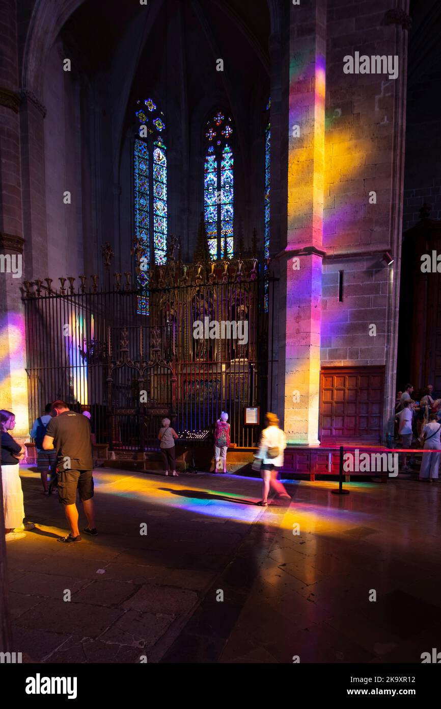 dramatic abstract coloured patterns from sunlight and shadows from stained glass windows in la seu cathedral in Palma Mallorca Balaerics Spain Stock Photo