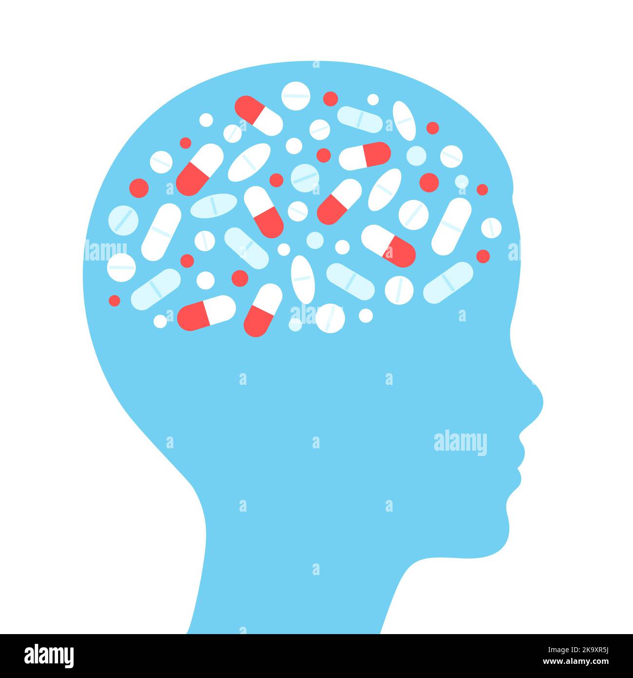 Medication ADHD in children, child head profile with pills. Mental health treatment, drug overprescription problem. Vector illustration. Stock Vector