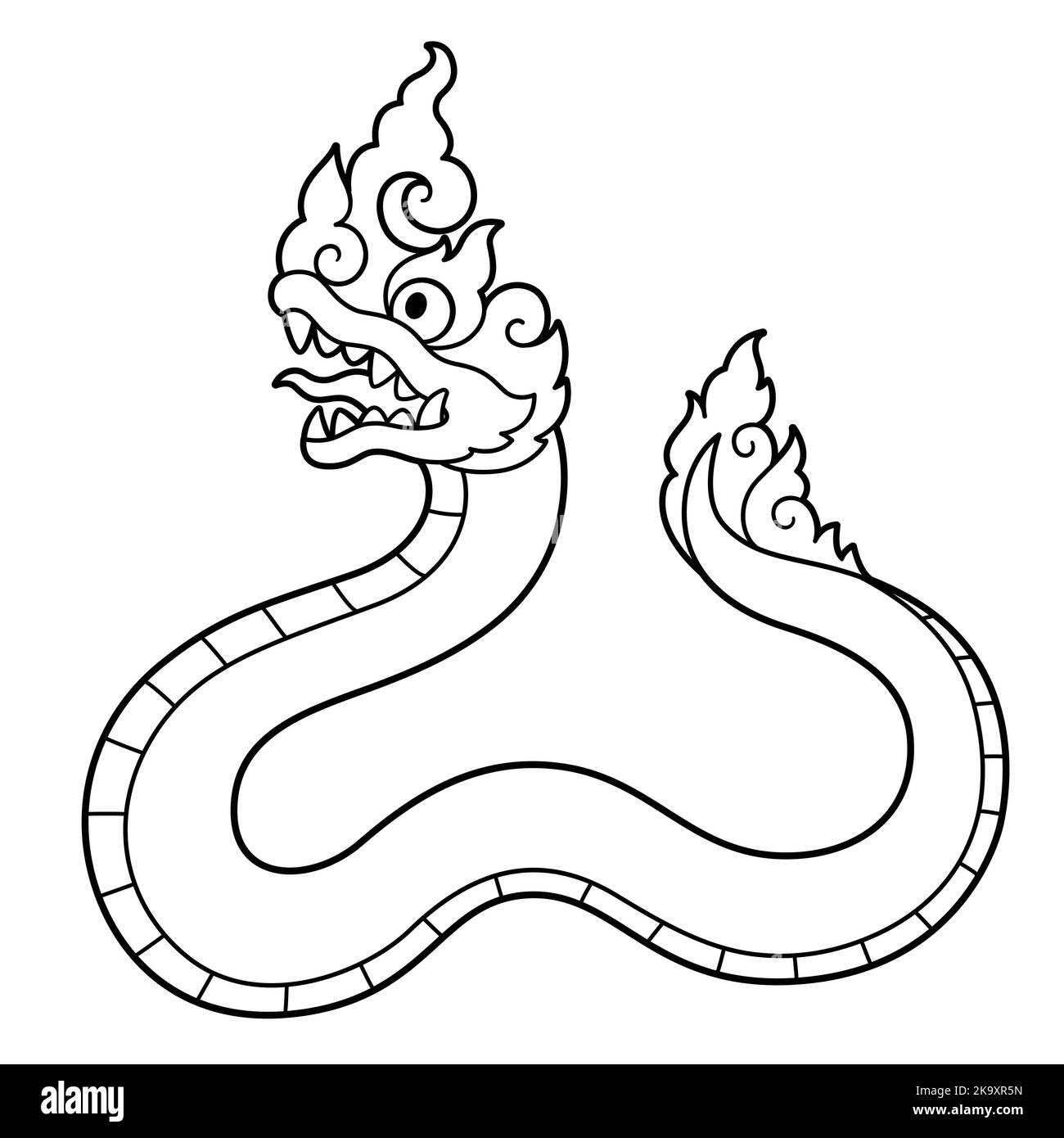 Thai Naga, legendary dragon serpent. Cartoon style black and white line art drawing. Vector clip art illustration. Stock Vector